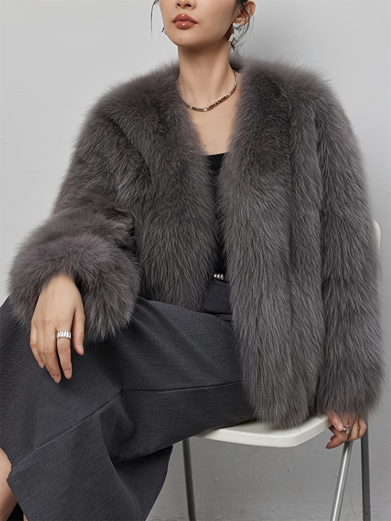 Elegant Gray Faux Fur Coat Fiona